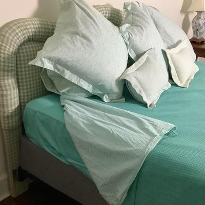 Lot 8414. Teal & White King Size Stripes Sheet Set / Teal Cotton Blanket / Three Large Down Pillows / Two Smaller Throw Pillows,...