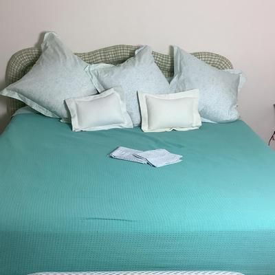 Lot 8414. Teal & White King Size Stripes Sheet Set / Teal Cotton Blanket / Three Large Down Pillows / Two Smaller Throw Pillows,...