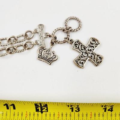 BEAUTIFUL DESIGNER SILVER TONED CROSS & CROWN BRACELET