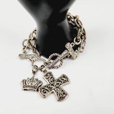BEAUTIFUL DESIGNER SILVER TONED CROSS & CROWN BRACELET