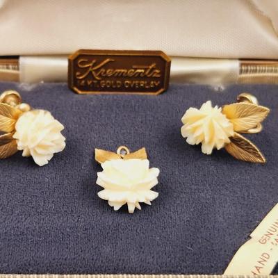 VINTAGE KREMENTZ 14K OVERLAY FAUX IVORY ROSE EARRINGS & PENDANT
