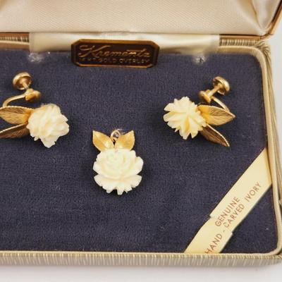 VINTAGE KREMENTZ 14K OVERLAY FAUX IVORY ROSE EARRINGS & PENDANT