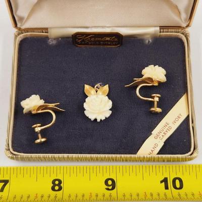 VINTAGE KREMENTZ 14K OVERLAY FAUX IVORY ROSE EARRINGS & PENDANT