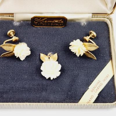 VINTAGE KREMENTZ 14K OVERLAY FAUX IVORY ROSE EARRINGS & PENDANT