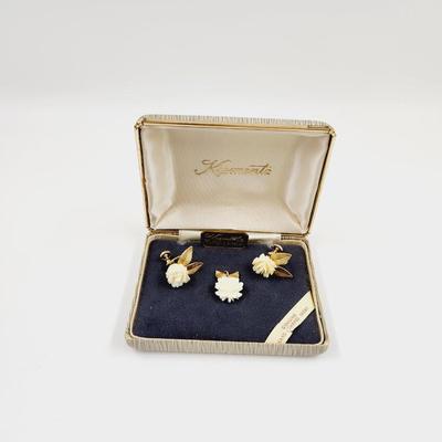 VINTAGE KREMENTZ 14K OVERLAY FAUX IVORY ROSE EARRINGS & PENDANT