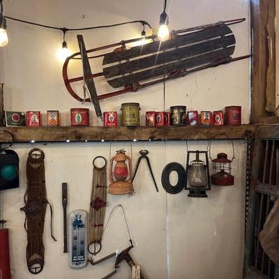 Vintage Snow Sled and Tobacco Tins