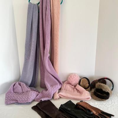8506 Lot of Cashmere Scarves, Hats, Leather Gloves , Earmuffs