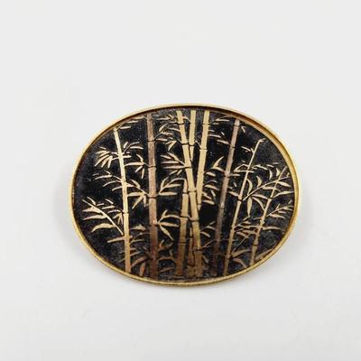 VINTAGE DAMASCENE BLACK AMITA JAPANESE BROOCH