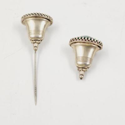 VINTAGE STERLING GREEN STONED HAT PIN