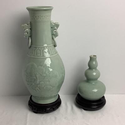 Lot 8425  Two Vintage Chinoiserie Porcelain Celadon Vases