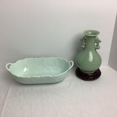 Lot 8426  Two Handled, Oval Porcelain Bowl, Andrea by Sadek / Vintage Chinoiserie Porcelain Celadon Vase
