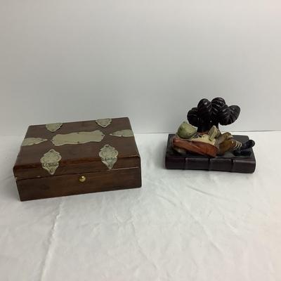 Lot 8522. Vintage Wooden Decorative Trinket Box with Silver Adornments / Single Frog Bookend