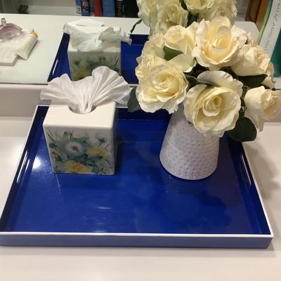 8394 Royal Blue Tray with Tissue Cover and White Pottery Faux Roses