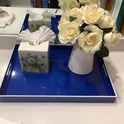 8394 Royal Blue Tray with Tissue Cover and White Pottery Faux Roses