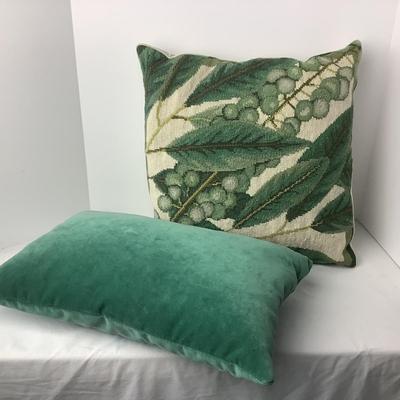 8357 Two Down Pillows one Needlepoint Green Leaves and Green Velvet