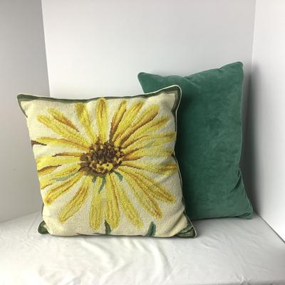 8358 Sunflower Needlepoint Pillow with Green Velvet Down Pillow