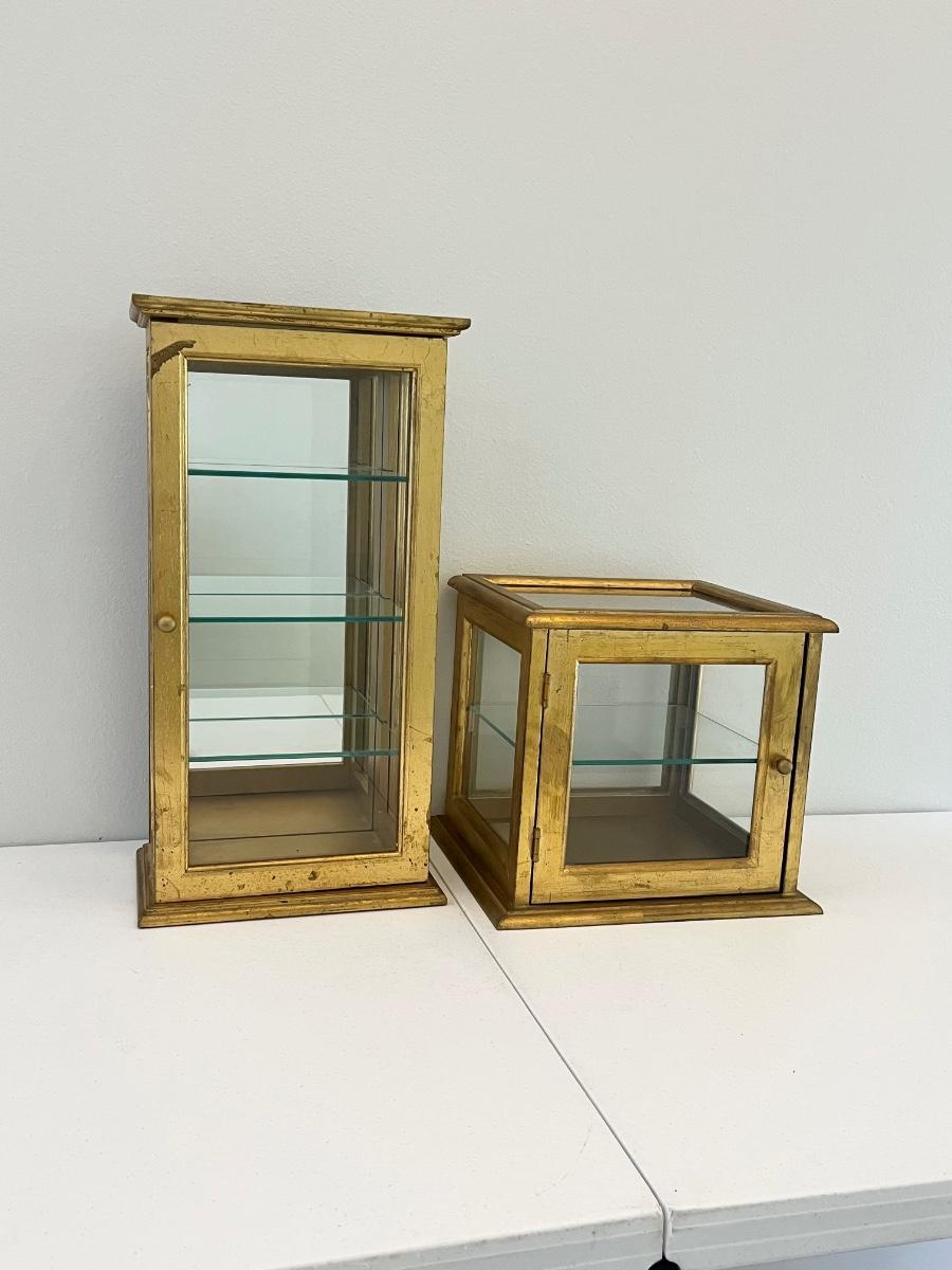 Pair (2) Gold Wooden Display Cases Tabletop