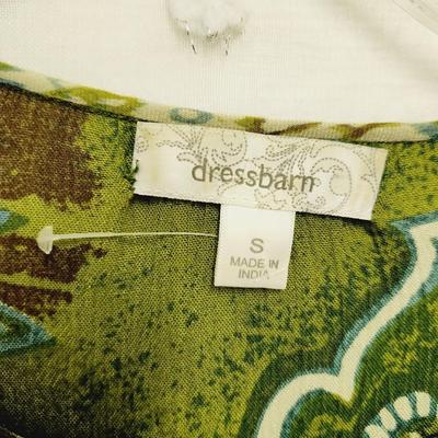 DRESS BARN SIZE SMALL DECORATED GREEN, BLACK & WHITE BLOUSE