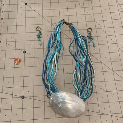 #214 Ocean Blue Shell Necklace and Earrings-D7