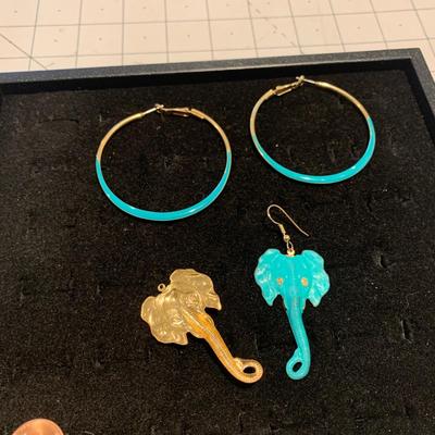 #216 Blue Hoops and Elephant Earrings-D9
