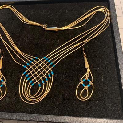 #223 Blue/Gold Earrings and Necklace-D16
