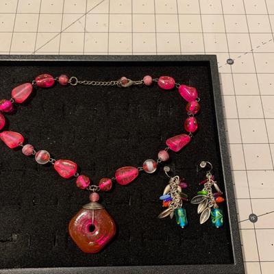 #269 Pink Necklace and Colorful Earrings-E28