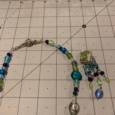 #291 Silver/Blue/Green Necklace and Earrings-F20