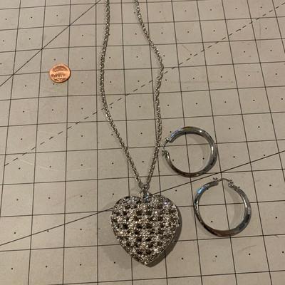 #305 Silver Heart Necklace and Hoops-G15
