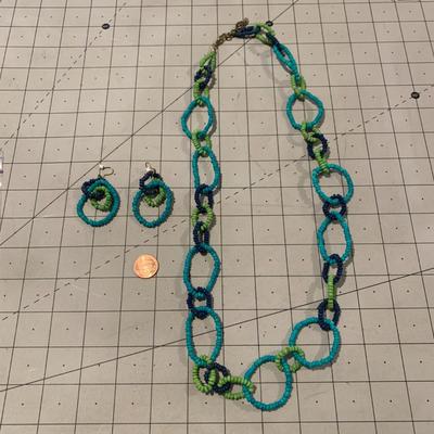 #307 Blue and Green Loop Necklace + Earrings-G17