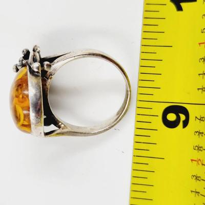BEAUTIFUL .925 SILVER & AMBER RING SIZE 7.5