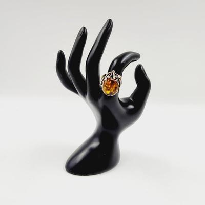 BEAUTIFUL .925 SILVER & AMBER RING SIZE 7.5