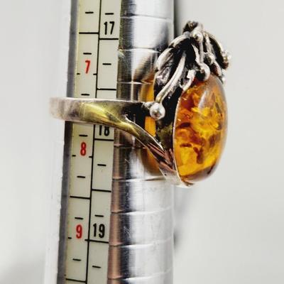 BEAUTIFUL .925 SILVER & AMBER RING SIZE 7.5
