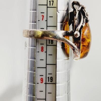 BEAUTIFUL .925 SILVER & AMBER RING SIZE 7.5