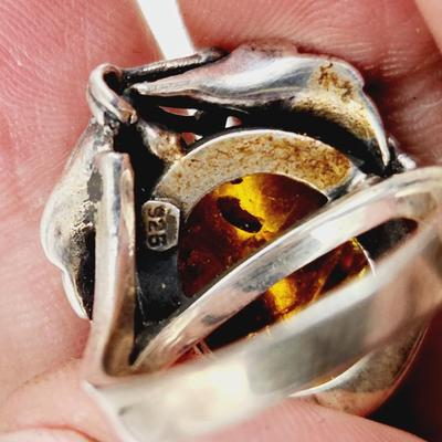 BEAUTIFUL .925 SILVER & AMBER RING SIZE 7.5