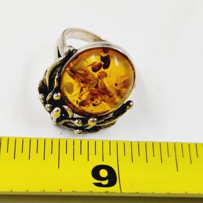 BEAUTIFUL .925 SILVER & AMBER RING SIZE 7.5