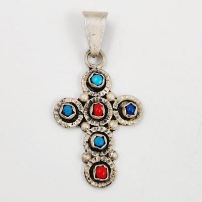 MEXICAN .925 SILVER TF-71 SIGNED MULTI-STONE CROSS PENDANT