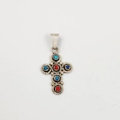 MEXICAN .925 SILVER TF-71 SIGNED MULTI-STONE CROSS PENDANT