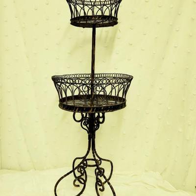 ORNATE TALL METAL WIRE 2 TIER BASKET PLANTER