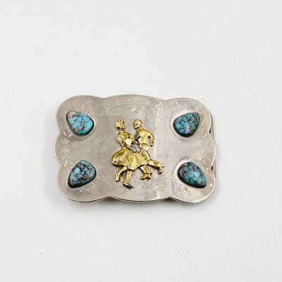 VINTAGE SILVER TONED & TURQUOISE BELT BUCKLE