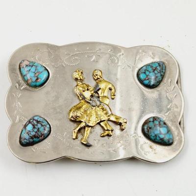 VINTAGE SILVER TONED & TURQUOISE BELT BUCKLE