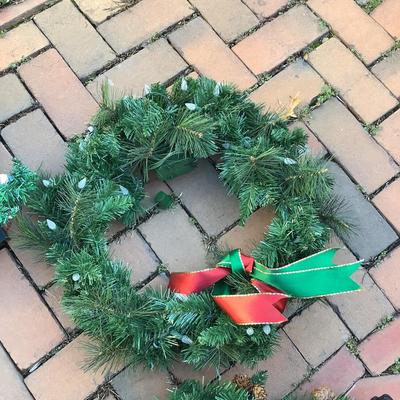 8567 Lot of Christmas Garland, Wreathe, 2 Small Christmas Trees & Hanging Christmas Basket
