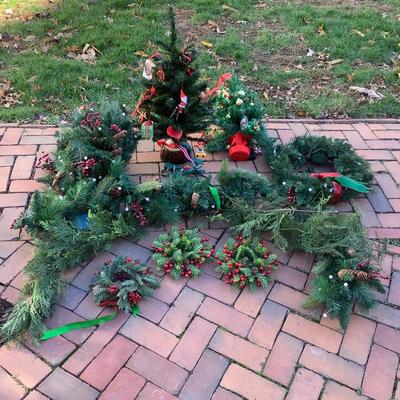 8567 Lot of Christmas Garland, Wreathe, 2 Small Christmas Trees & Hanging Christmas Basket