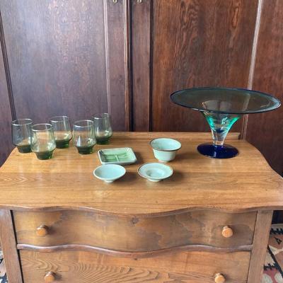 Lot of 5 green Mid century juice glasses and small grouping of decorative items