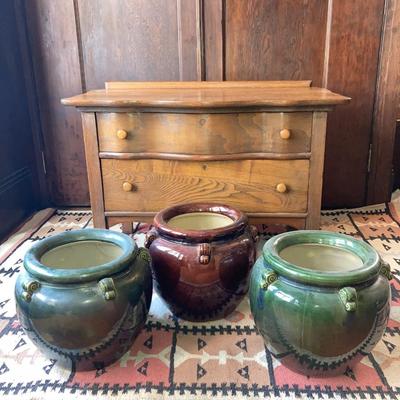 3 medium sized glazed plant pots