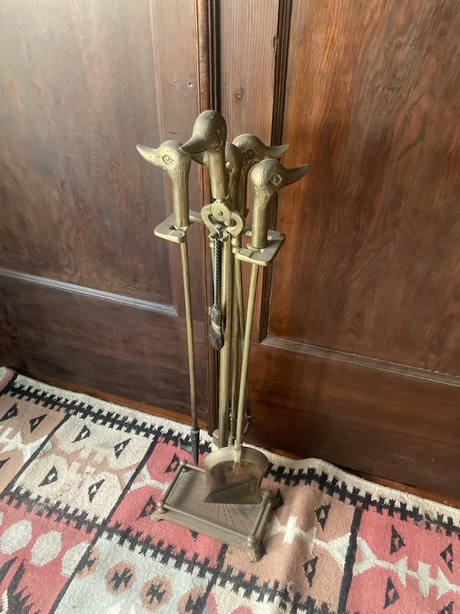 Brass duck head fireplace tools