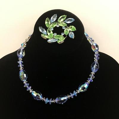 Blue Aurora Borealis Necklace and Beautiful Brooch