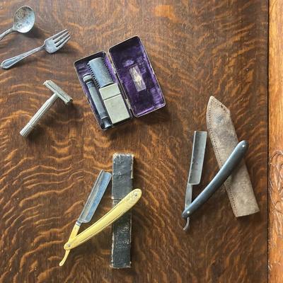 Lot of antique razors and utensils
