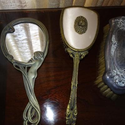 LOT 201. ART GLASS, TWO MIRRORS AND BRUSH