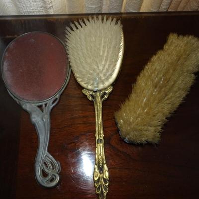 LOT 201. ART GLASS, TWO MIRRORS AND BRUSH