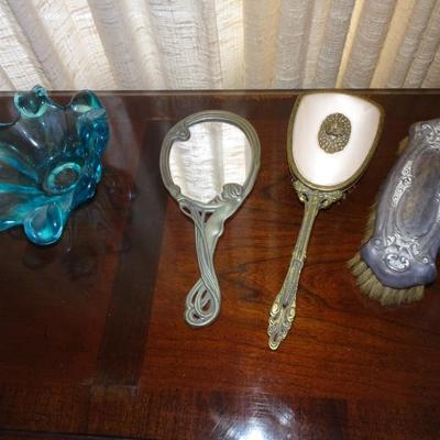 LOT 201. ART GLASS, TWO MIRRORS AND BRUSH